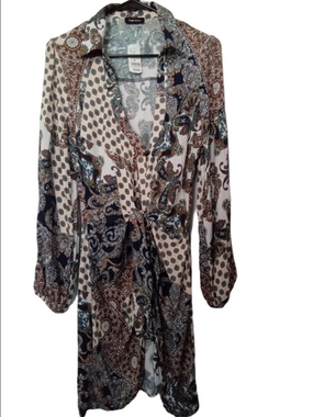 Long-Sleeve Paisley Tie-Waist Dress in Cream, Brown & Navy